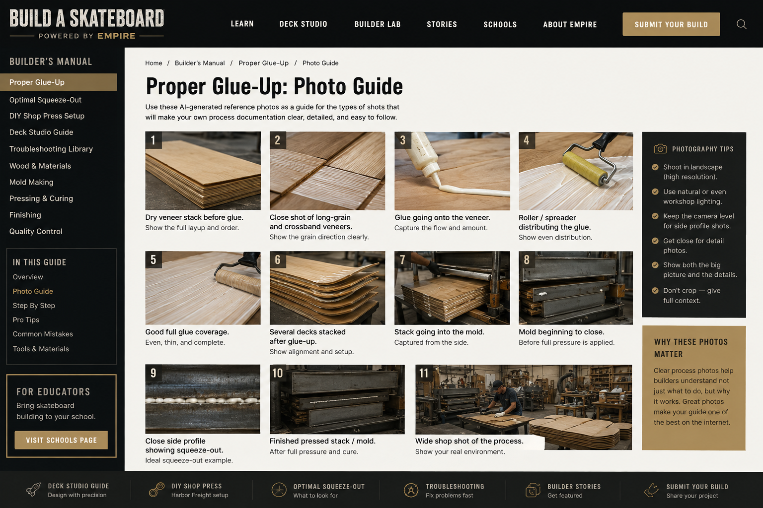 AI-generated reference board showing suggested skateboard glue-up process photography