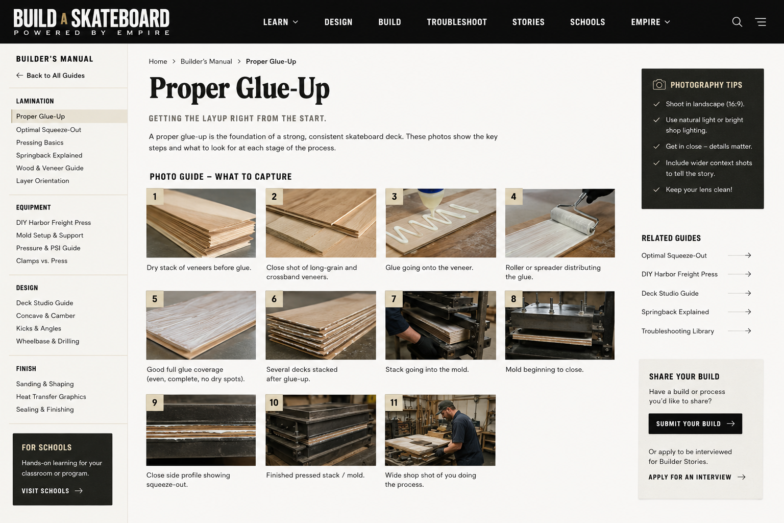 AI-generated skateboard glue-up photography reference board with numbered shot ideas